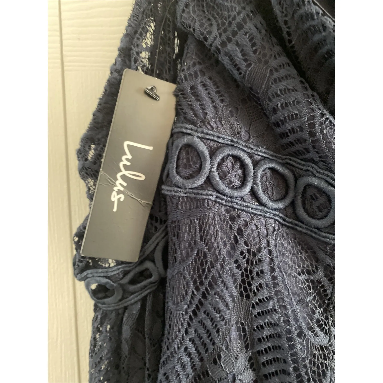 Lulus Womens Large Navy Cambridge Lace  Overlay Dress New Bodycon Cocktail Event - Image 4