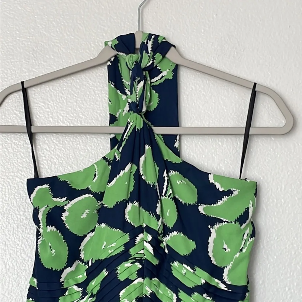 Tory Burch Eloriane Navy/Green Leaf Print Silk Halter Dress Size 4 - Image 3