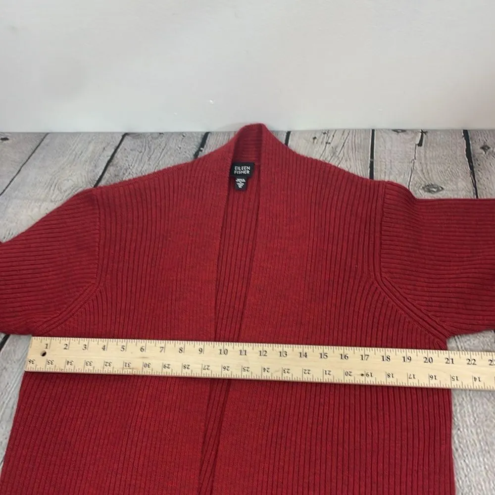 Eileen Fisher Open Front Ribbed Cardigan Sweater 100% Merino Wool Deep Red Med - Image 12