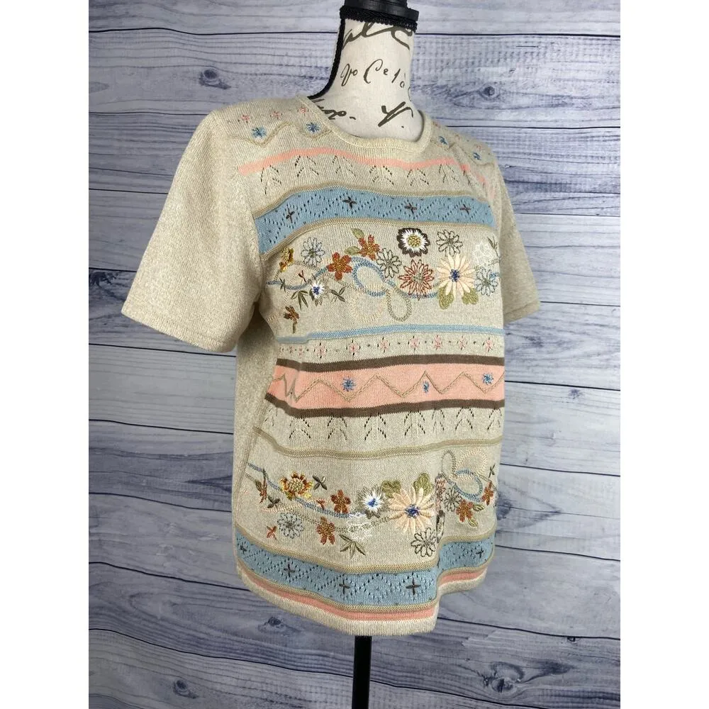 Alfred Dunner Embroidered Sweater Women PM Short Sleeve Crew Neck Floral Grandma Size undefined - Image 4