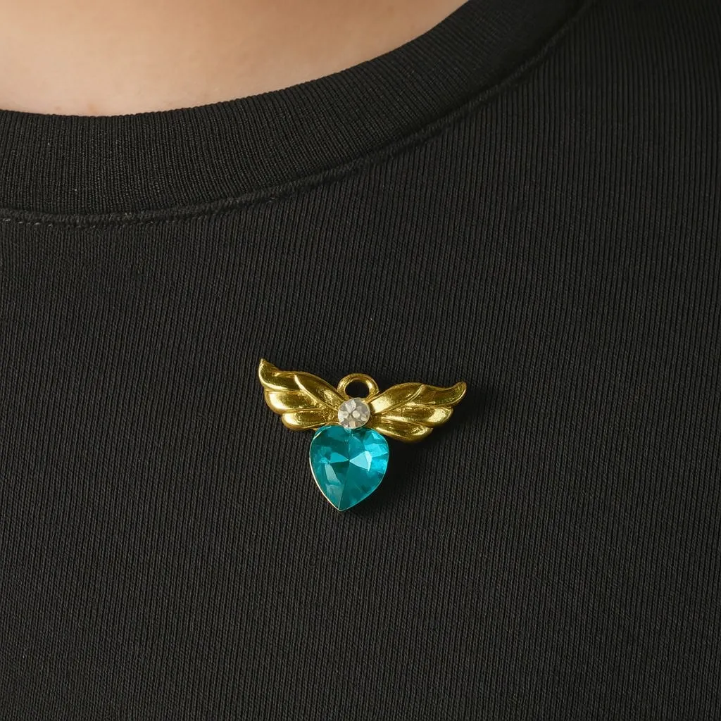 Vintage Angel Wing Heart Brooch – Gold Tone with Teal Gemstone Blue - Image 2