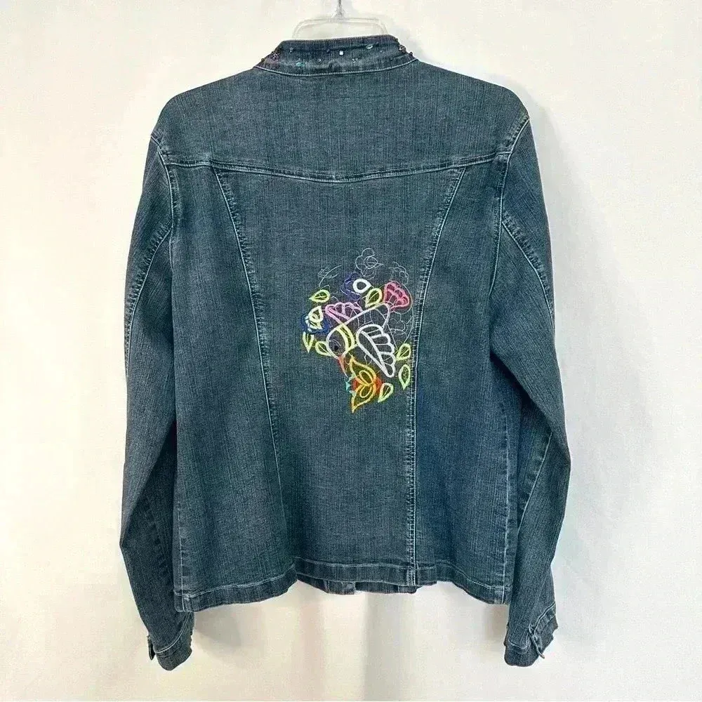 Christopher & Banks Denim Jacket Embroidered Stretch Womens Sz Large Snap Button - Image 3