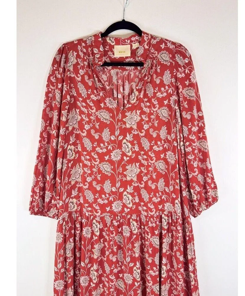 Anthropologie Maeve Dress Red Melina Maxi Floral V Neck Long Sleeve Boho Small - Image 8