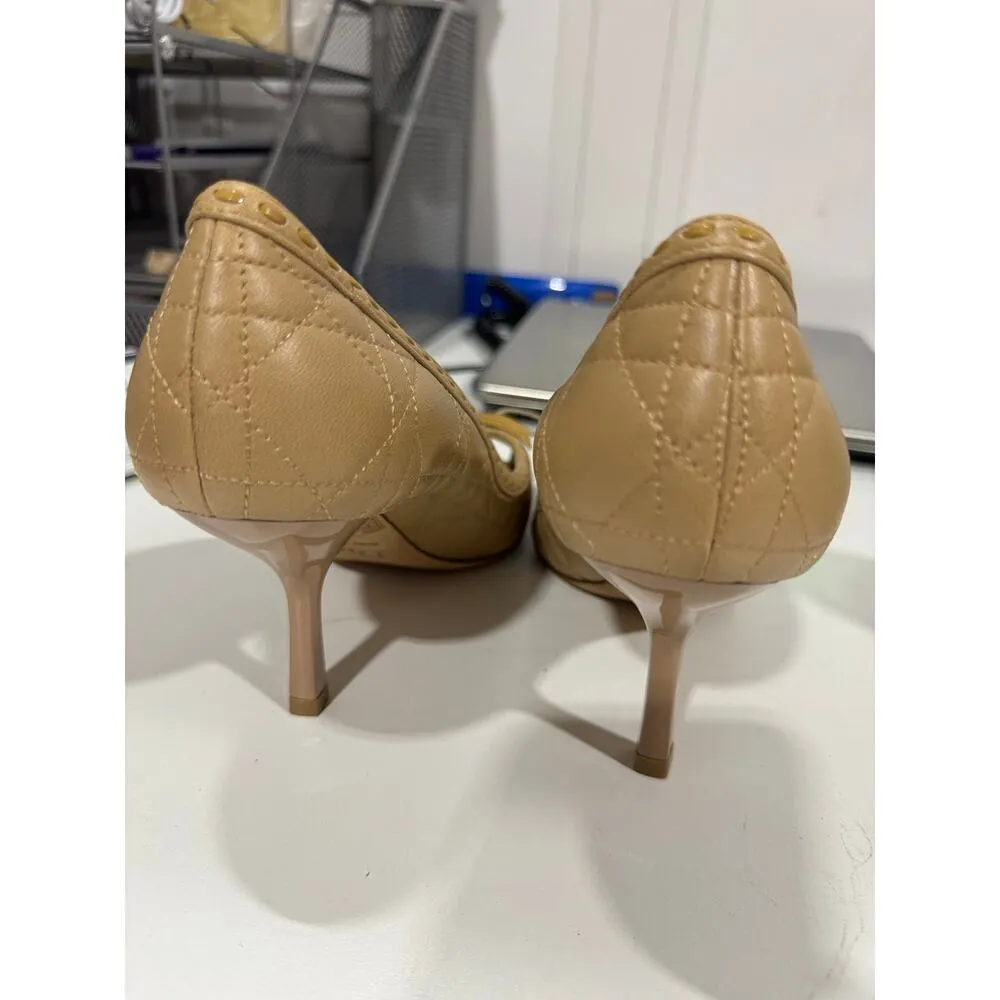 Dior Beige Cannage Leather Bow Detail Peep Toe Pumps - Image 4