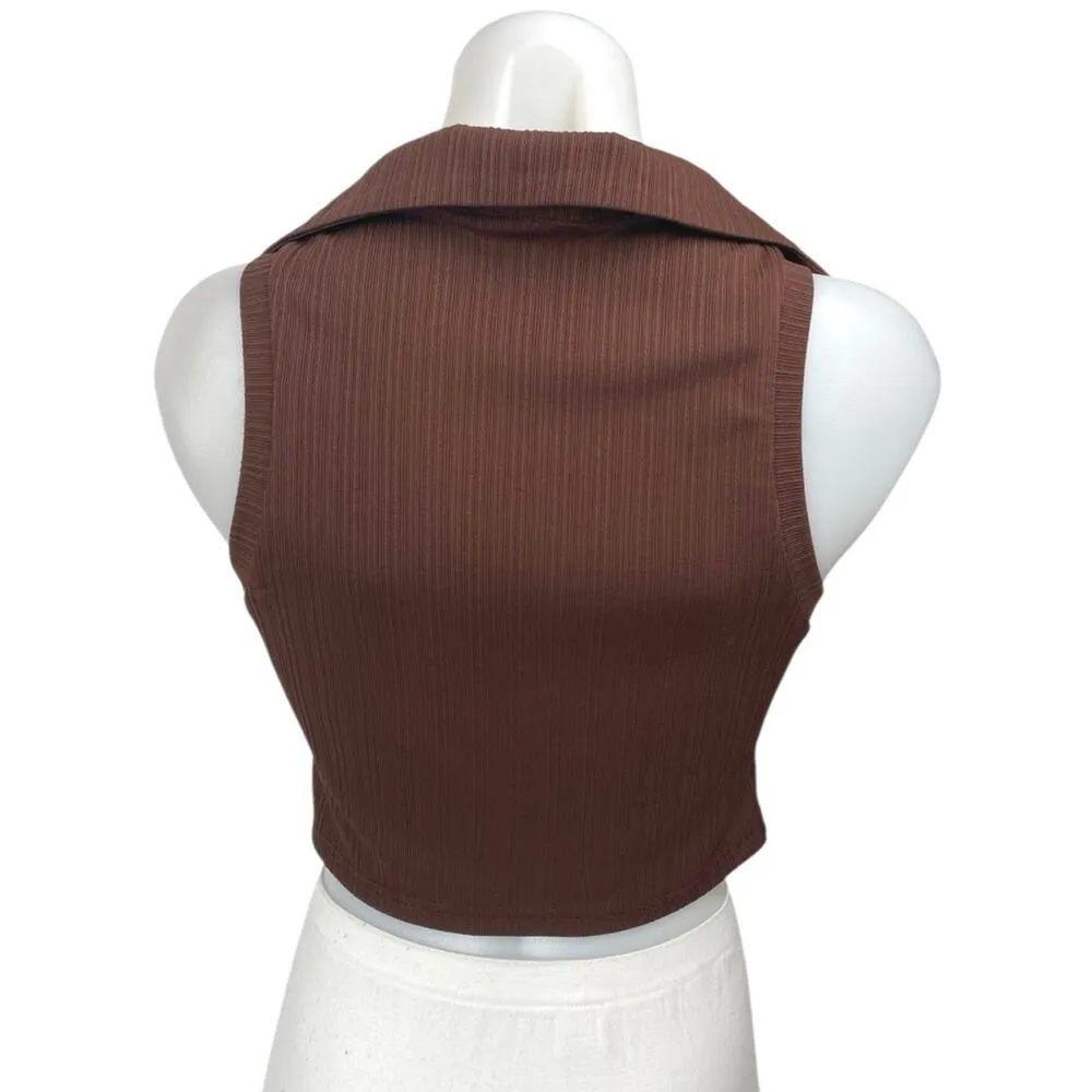 Cider Brown Knit Sleeveless Collared Button Down Crop Shirt Vest Tank Top Size M - Image 2