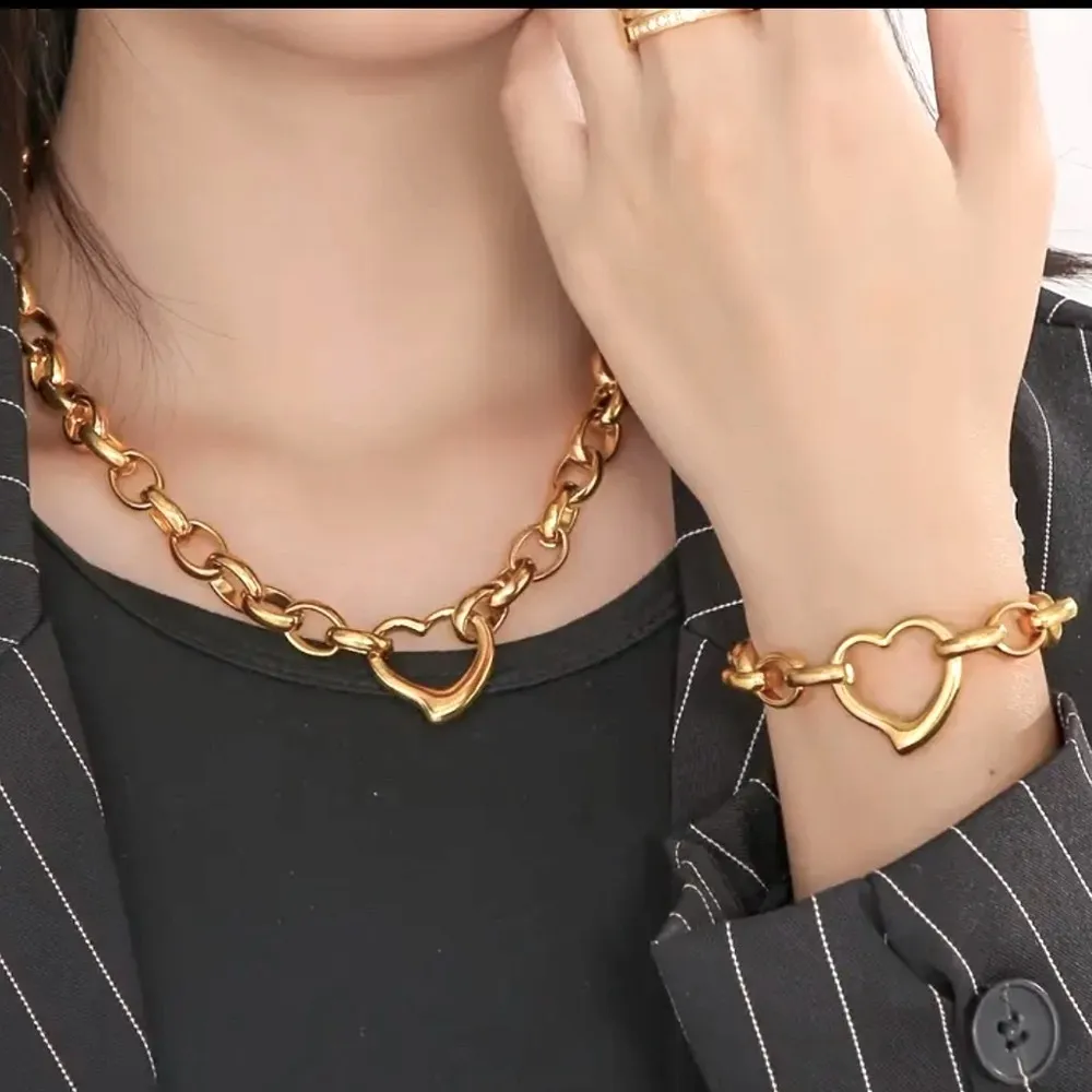 18K Gold Plated Heart chunky Necklace Set Stainless Steel womens Jewelry - Image 2