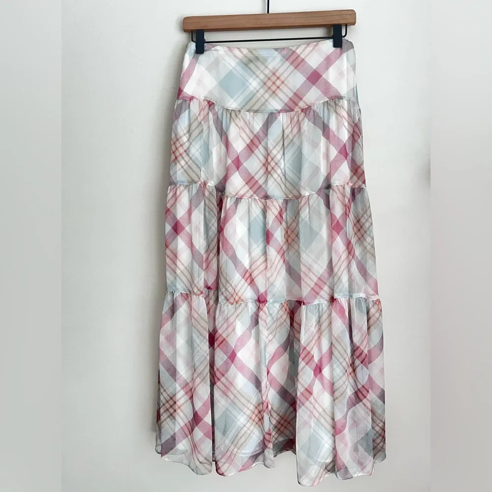 Lauren Ralph Lauren plaid tiered Maxi skirt Lined lightweight flowy fairy 2 White - Image 3