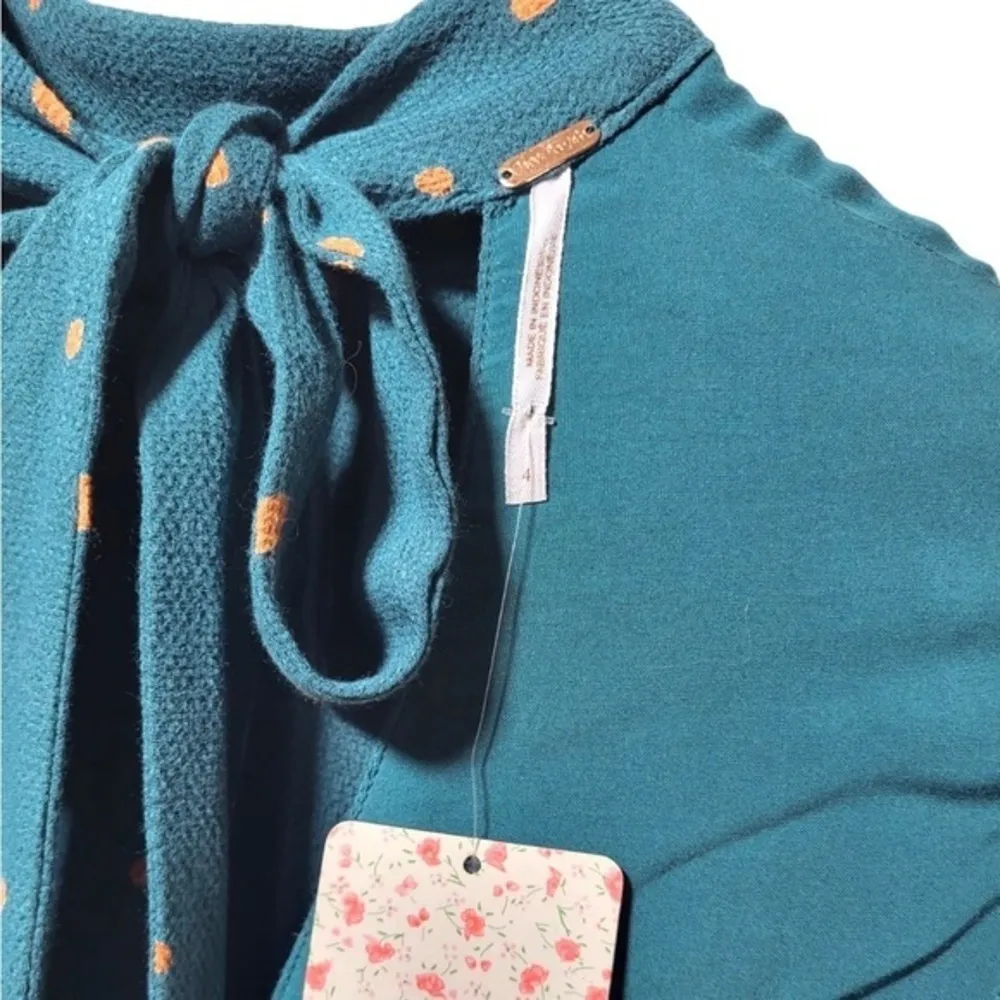 NWT Free People Abbie Tie Neck Puff Sleeve Reversible Mini Dress in Green Combo - Image 7