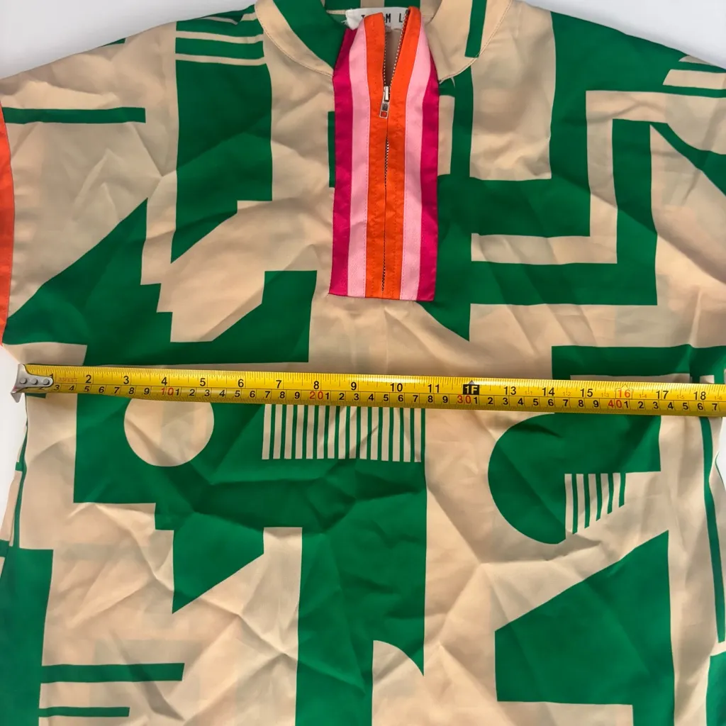 THML Geometric 1/4-Zip Top Green Beige w/ Multicolor Stripe Trim Blouse  - XS - Image 5