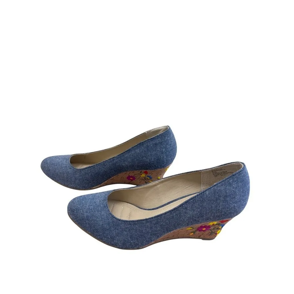 Rialto Womens Blue Denim Floral Cork 3" Wedge Heel Shoes Size 9.5M SKU 8247 - Image 3