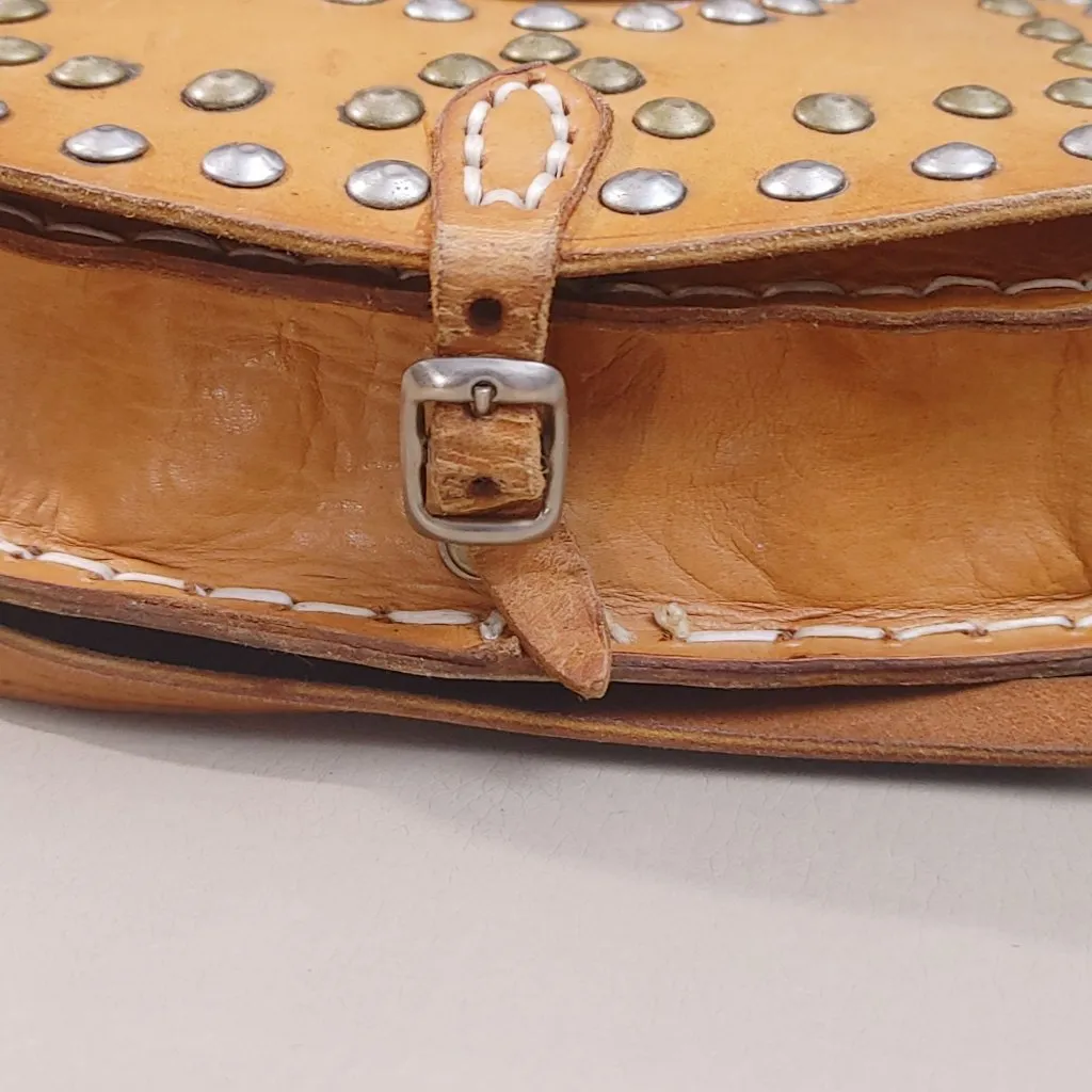 Small Leather Crossbody Bag Purse Hand Set Vintage Moon Boho Saddle Western Tan - Image 6