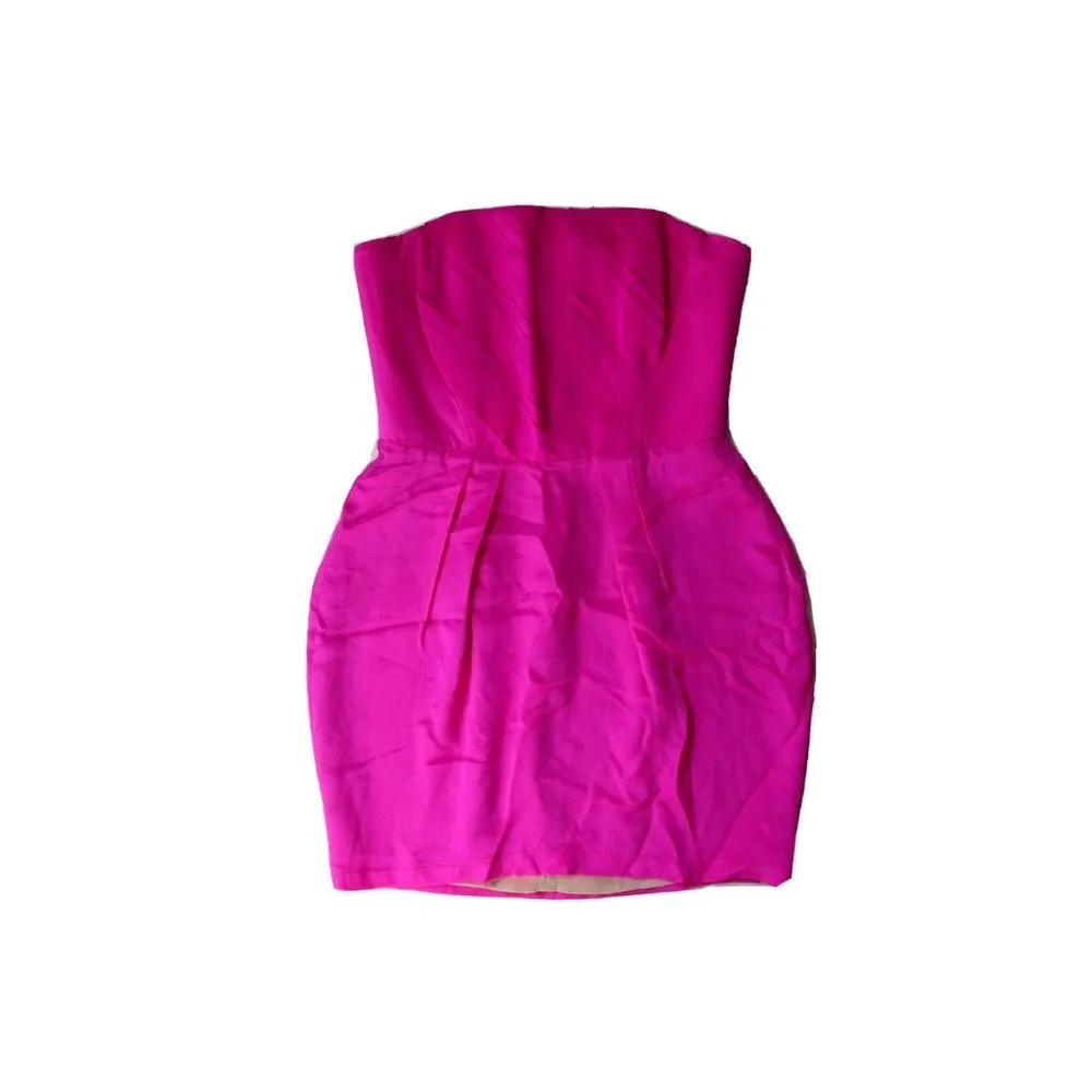 NWoT NAVEN Foxy in Neon Pop Pink Silk Strapless Pleated Bodice Mini Dress M $175 - Image 3