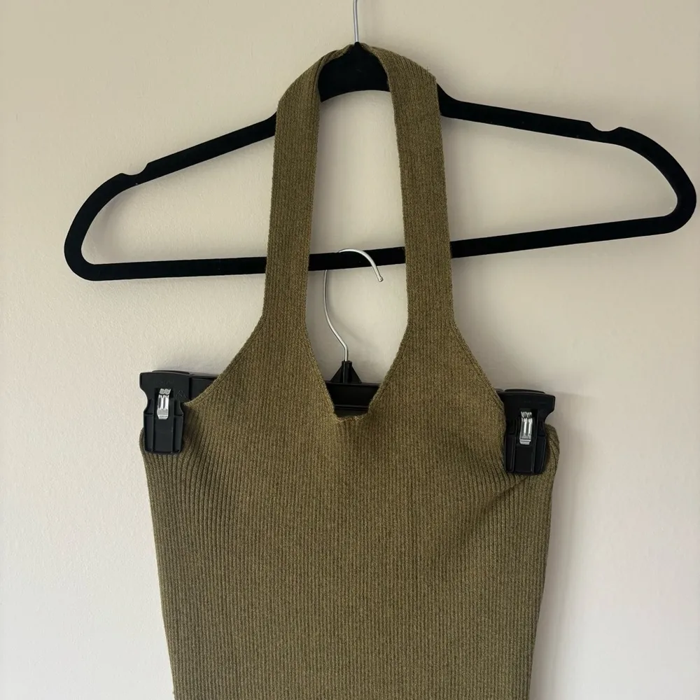 Green Halter Neck Midi Dress Ribbed Knit Low Back Bodycon Fitted Stretchy Party - Image 2