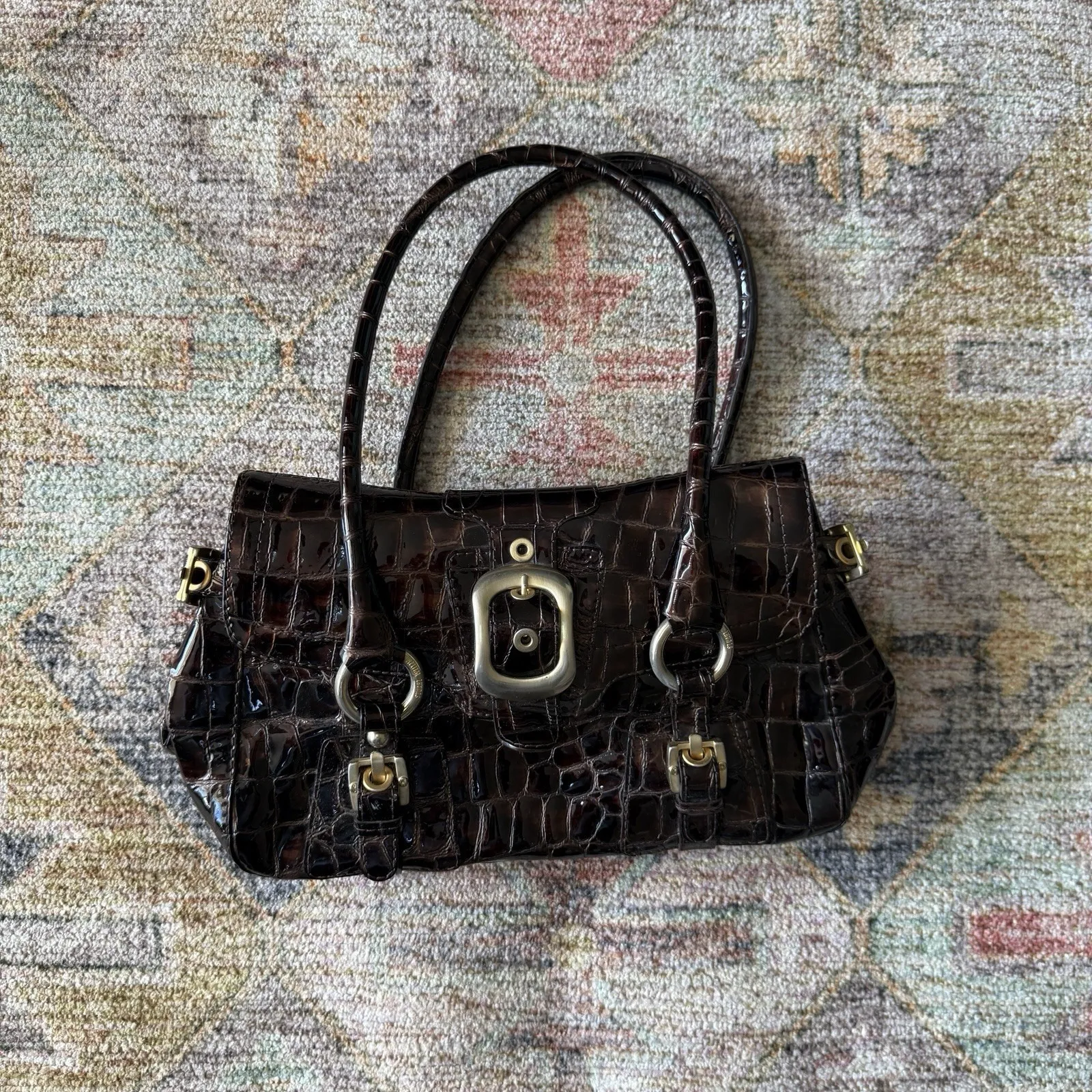 Stuart Weitzman Crocodile Embossed Patent Leather Shoulder Bag Brown Gold - Image 2