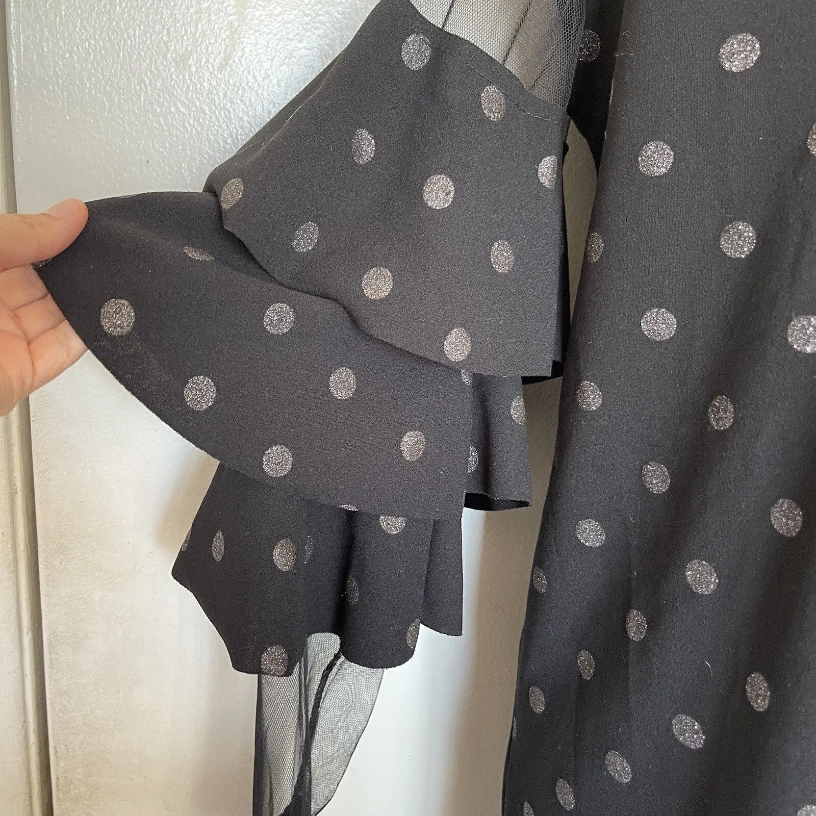 New Collection Dress Sz Medium Polka Dots Shimmer Ruffle Sleeve Mesh Futuristic Black - Image 11
