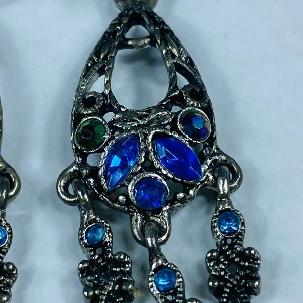 Earrings Pierced Dangle Drop Silver Color Metal Shades of Blue Rhinestones - Image 13