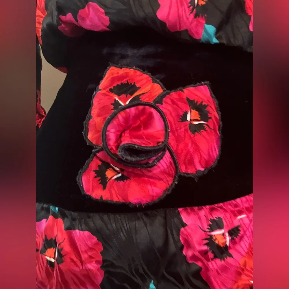 VTG A.J. BARI SILK Black Floral Puffy Sleeve Party Prom Formal Dress sz 12 80s Red - Image 7