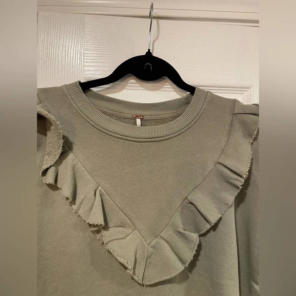 NWOT Free People Size S Sage Ooh La Ruffle Yoke Long Sleeve Raw Hem Sweatwhirt - Image 2