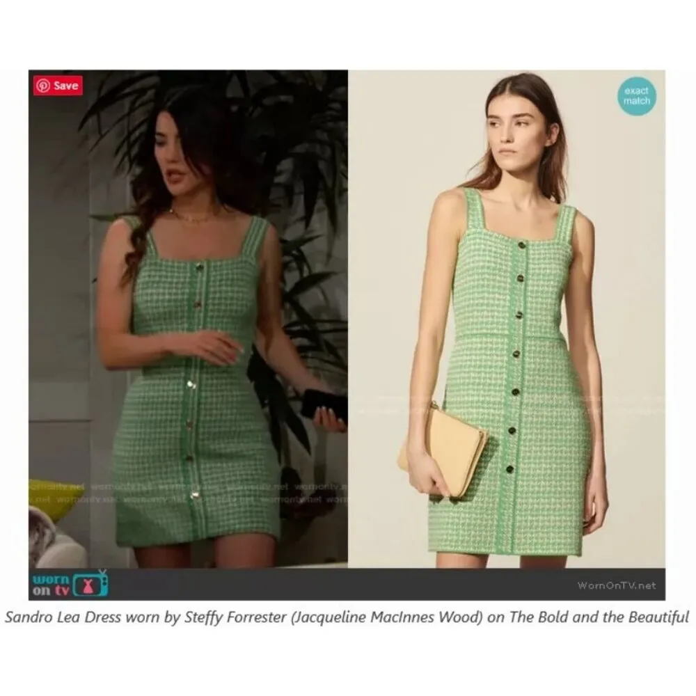 💕SANDRO💕 Lea Organic Cotton Blend Square Neck Tweed Dress ~ Vert Green 34 - Image 11