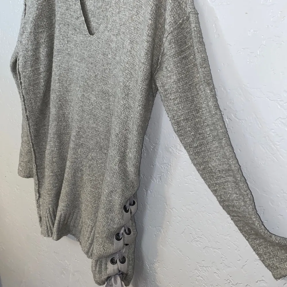 Gray V Neck Side Tie Sweater Tunic Dress Oversized - Image 4