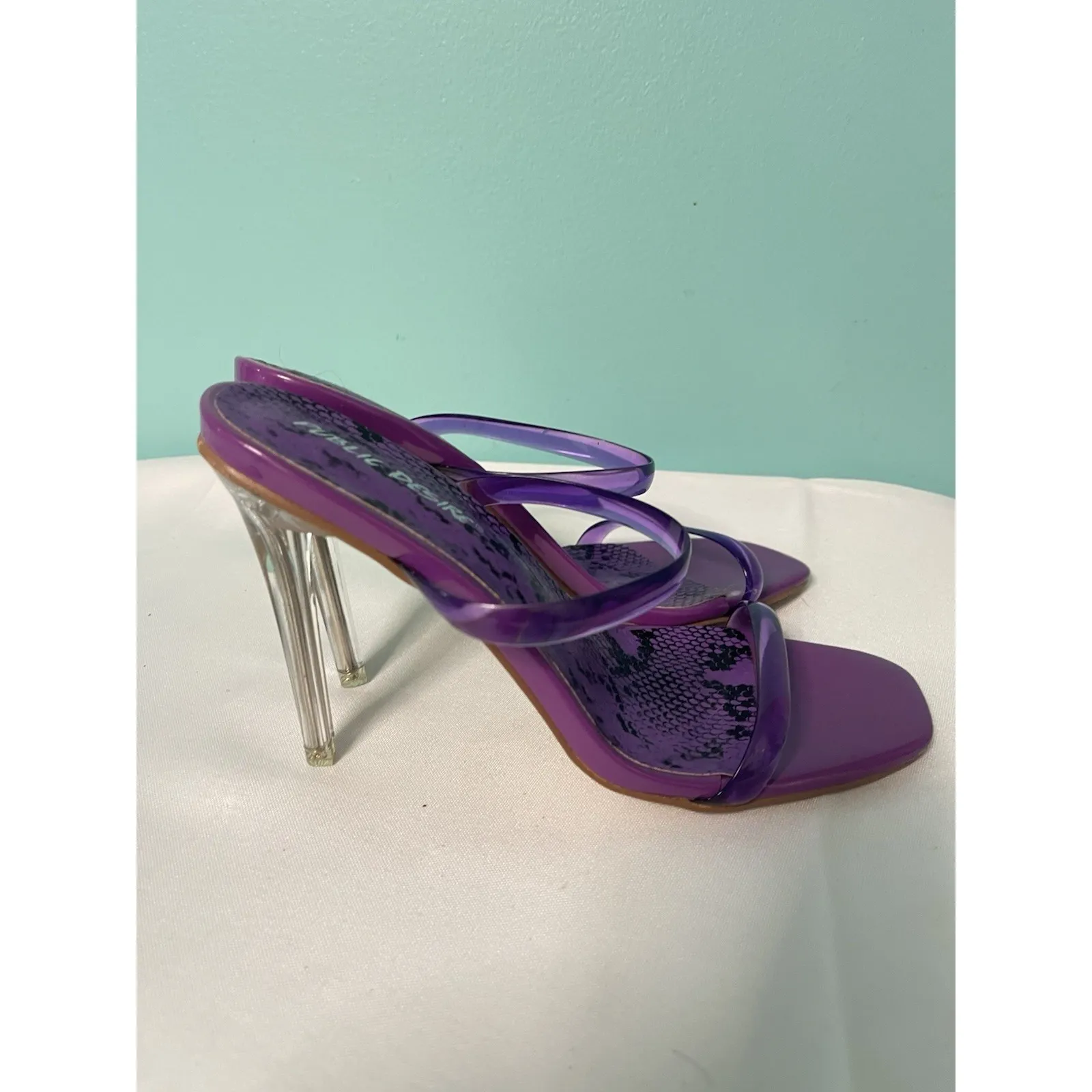 PUBLIC DESIRE Women's Size 4 Square Toe Mule Sandals Purple Clear Heel S - Image 3