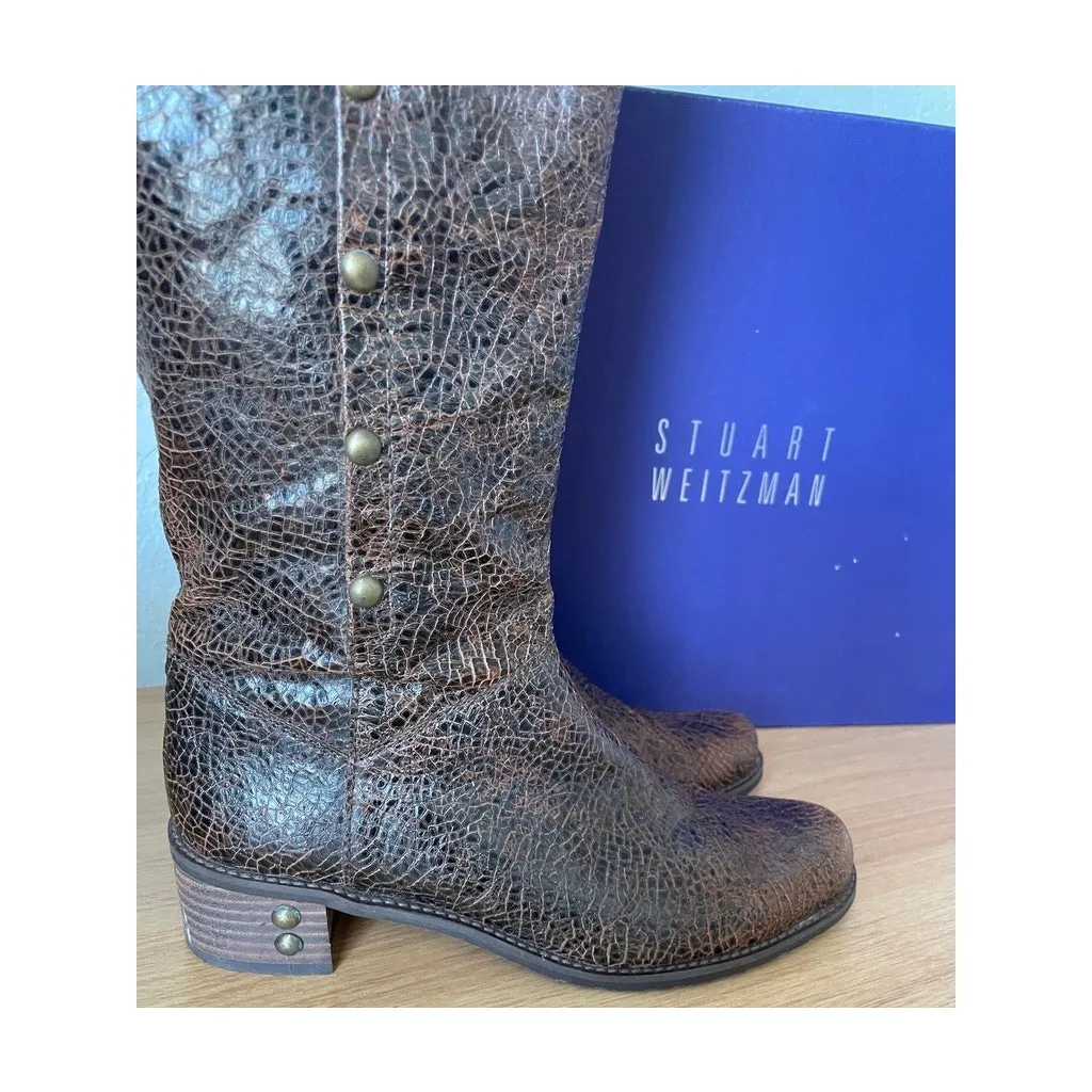 Stuart Weitzman Brown Leather Tall Boots – Brass Ring Hardware – Size 6 - Image 5