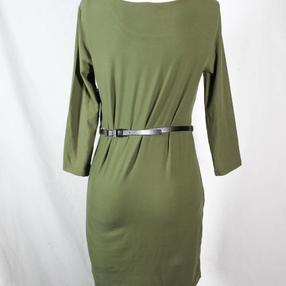 Casual Neutral Olive Toned Green Dress with Black Leather Belt NWT - Image 7