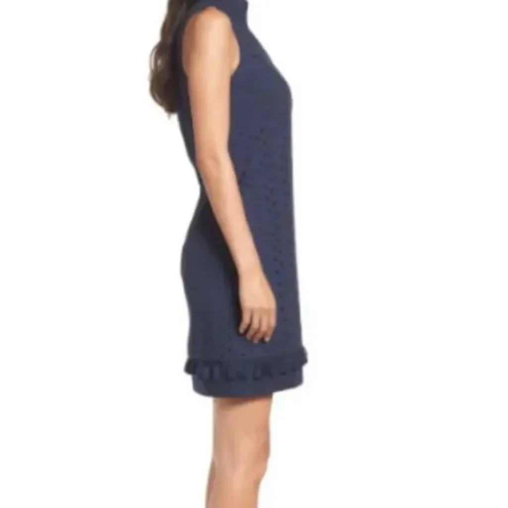 Eliza J V Neck Sleeveless Mandarin Collar Lace Shift Dress Navy Blue Size 4 - Image 3