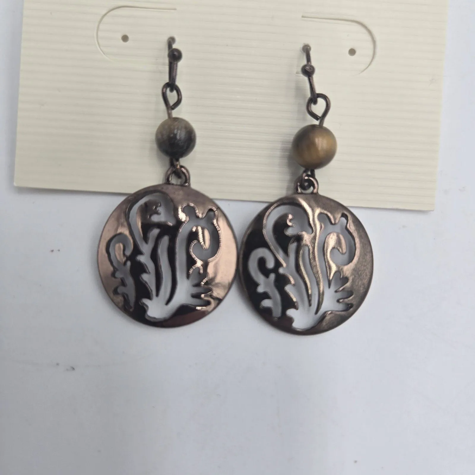 Christopher & Banks Dangle Earrings Bronze Cutout Disc Bead Accent Boho NWT - Image 2