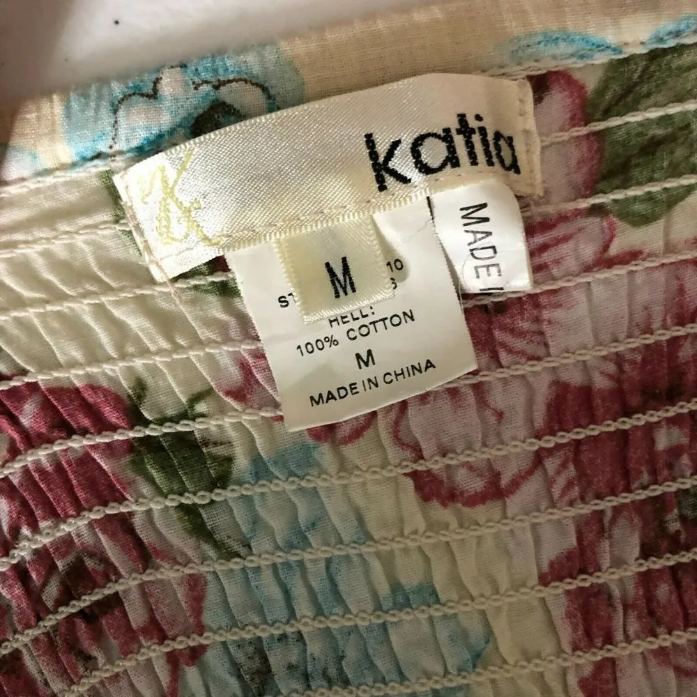 Katia Dress A Line Floral Cotton Ruffle Button Detail Sleeveless Beige Blue M Tan Size M - Image 3