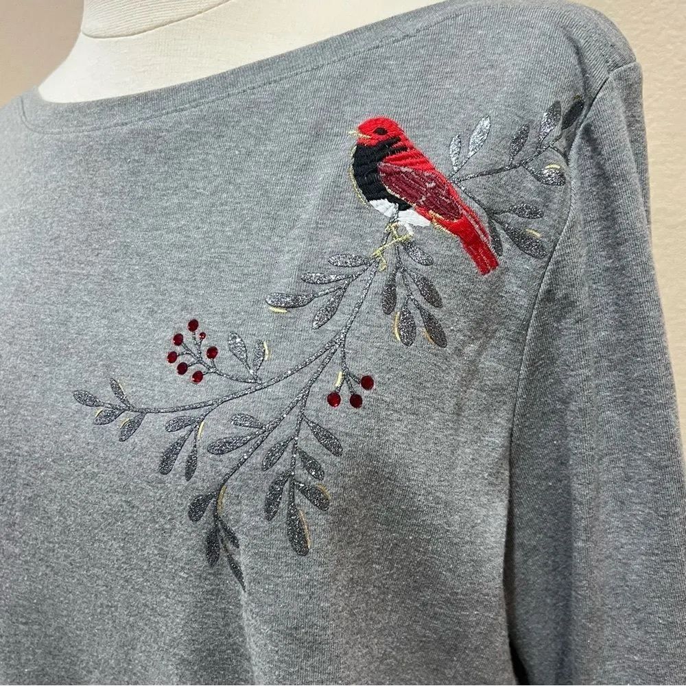 Croft & Barrow Embroidered Cardinal Embellished Top with Red Rhinestones Size XL - Image 3