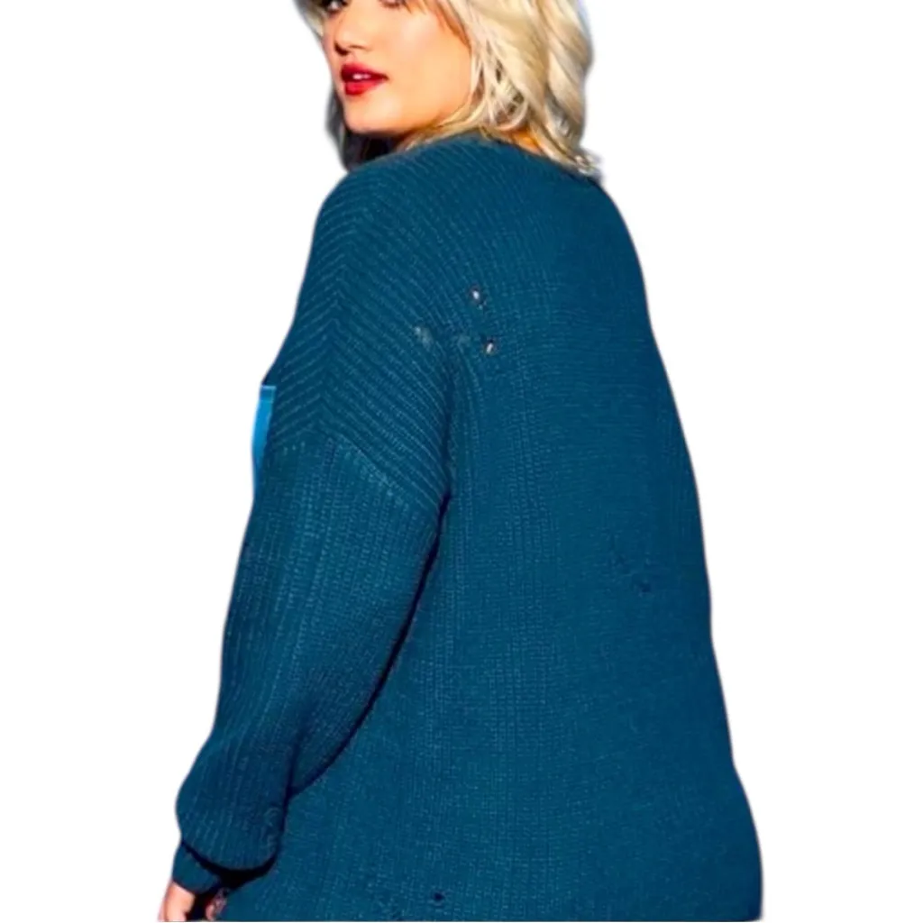 Size 1: Torrid Lovesick Distressed Satin Pocket Pullover Sweater - Image 4