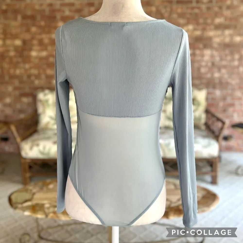 Blashe Bodysuit Molded Cup Blue Mesh Ribbed L Sheer Chic Coquette Size L - Image 8