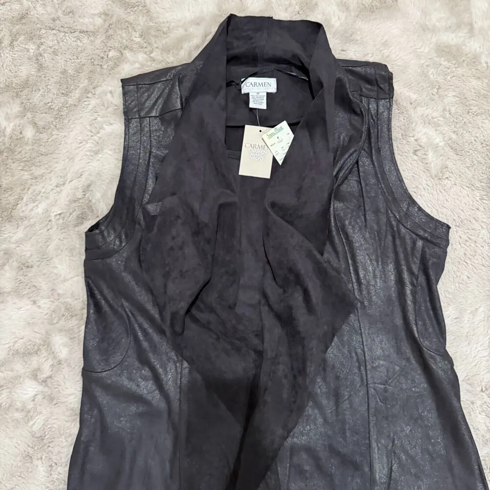 NWTCarmen Marc Valvo Faux Suede Cardigan Women 10 Black Metallic Open Front Goth - Image 2