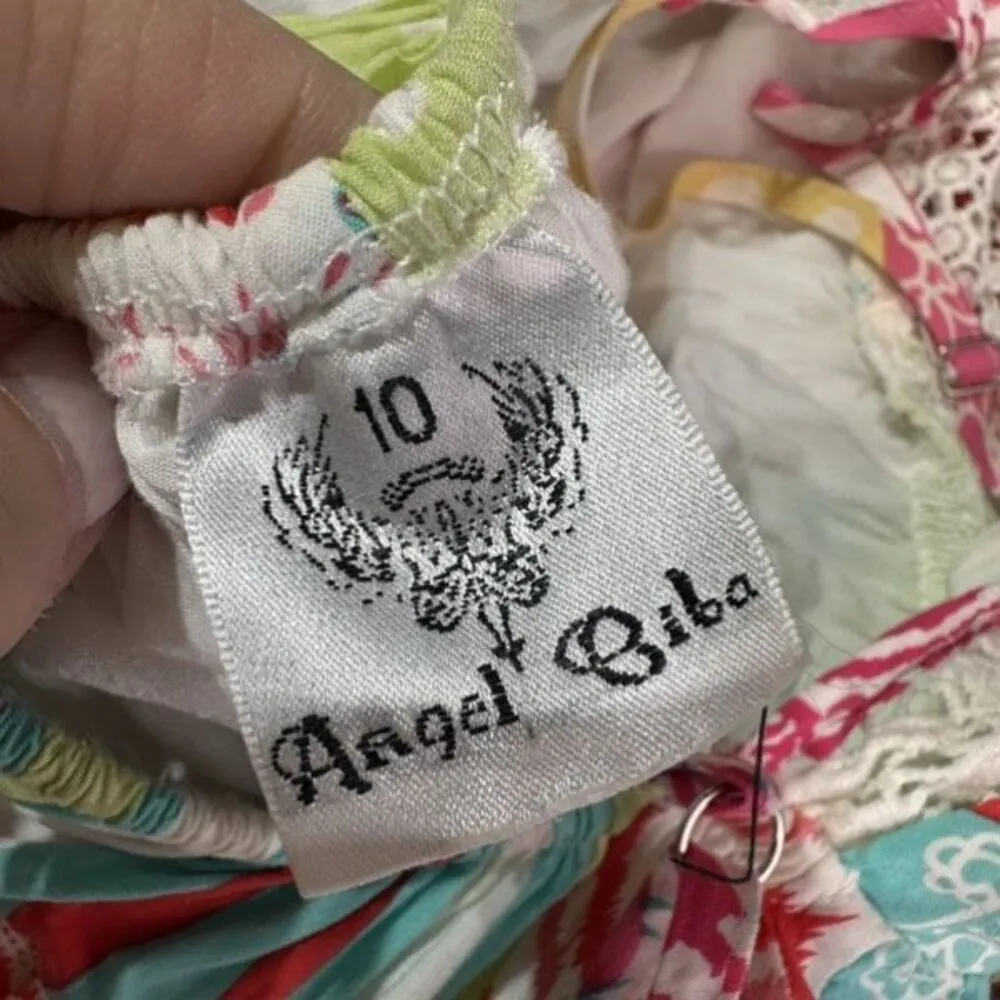 Angel Biba Patchwork Colorful Lace Trim Mini Sundress Size Small Open Back Boho - Image 6