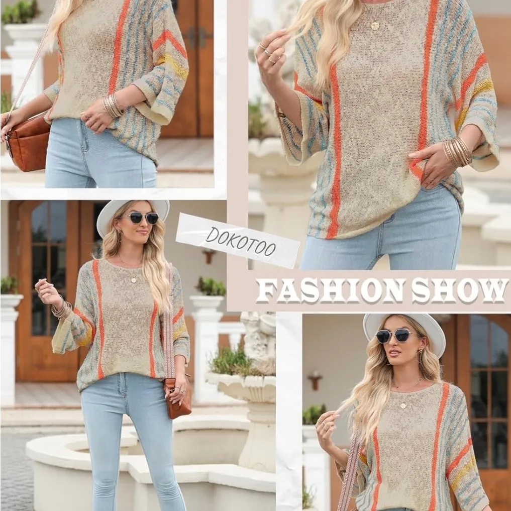 Dokotoo Striped Multicolor Women's Knit 3/4 Sleeve Sweater Orange Size M - Image 6