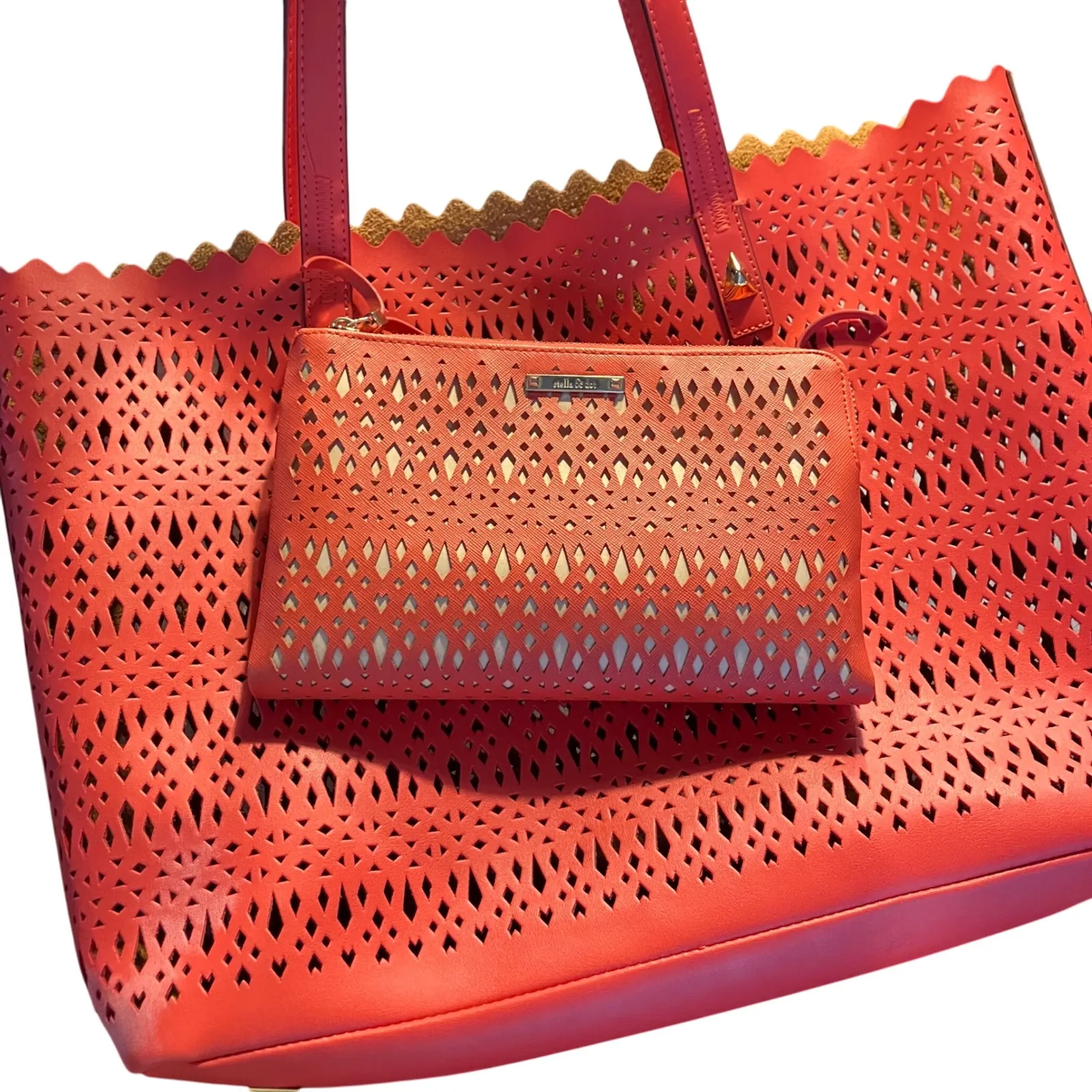 Stella & Dot Red Laser Cut Perforated Tote Bag With Matching Pouch - Image 1
