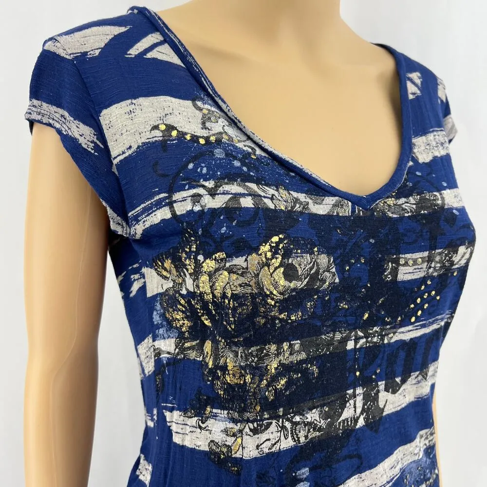 Rock & Republic SMALL Blue Gray Gold Rose Foil Metallic Print Burnout Tee Shirt - Image 2