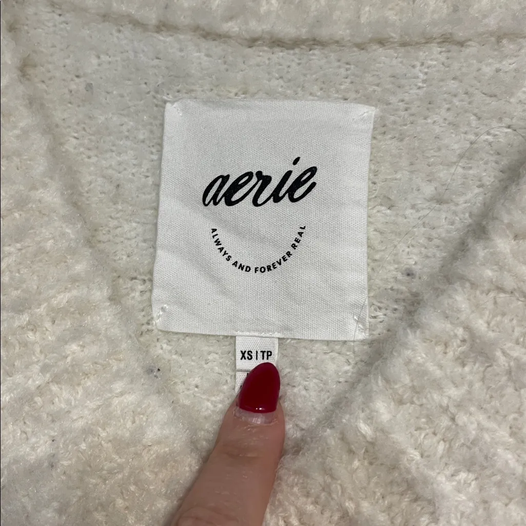 AERIE WOMENS IVORY CREAM TEDDY SWEATER V NECK OVERSIZED XS - Image 3