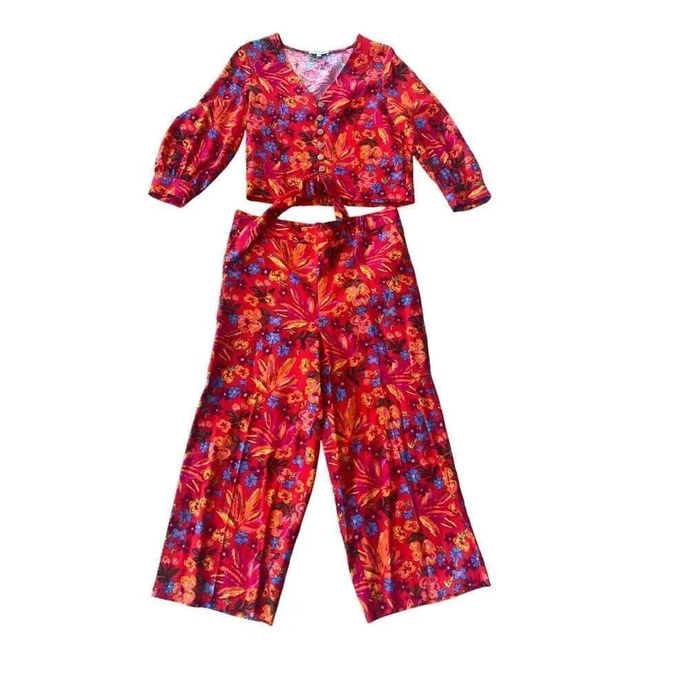 Anthropologie Maison d’ Amelie Red Floral Linen Button Top S, Trouser Pants M Size M - Image 4