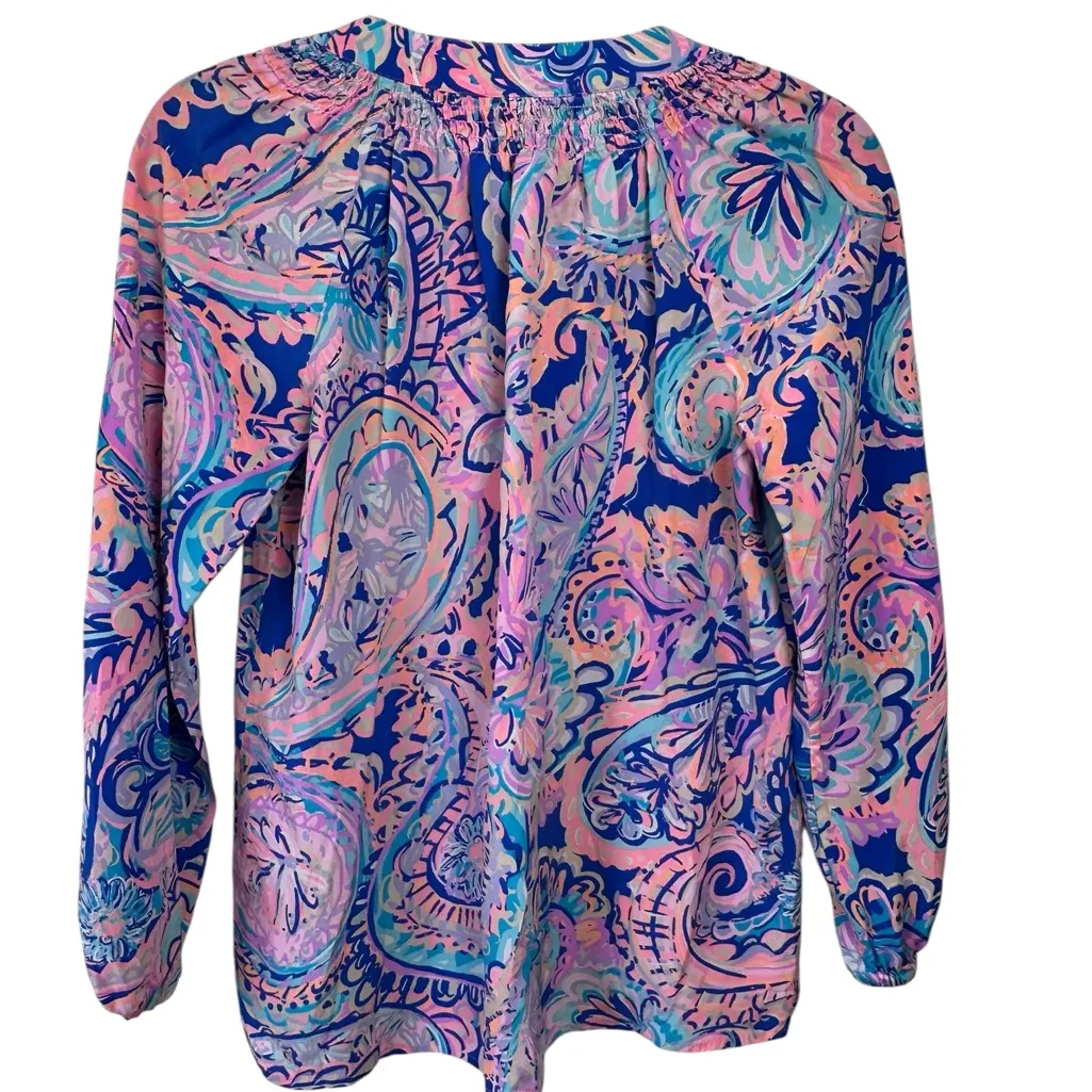 Lilly Pulitzer‎ Elsa Psychedelic Sunshine Silk Top Flowy Long Sleeve Size XS - Image 2