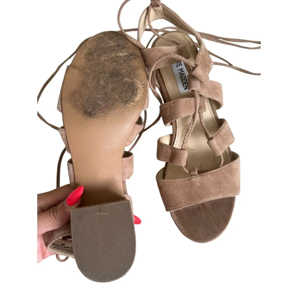 STEVE MADDEN Tan Suede Laceup Kitten Heels Sandals Size 6 - Image 8
