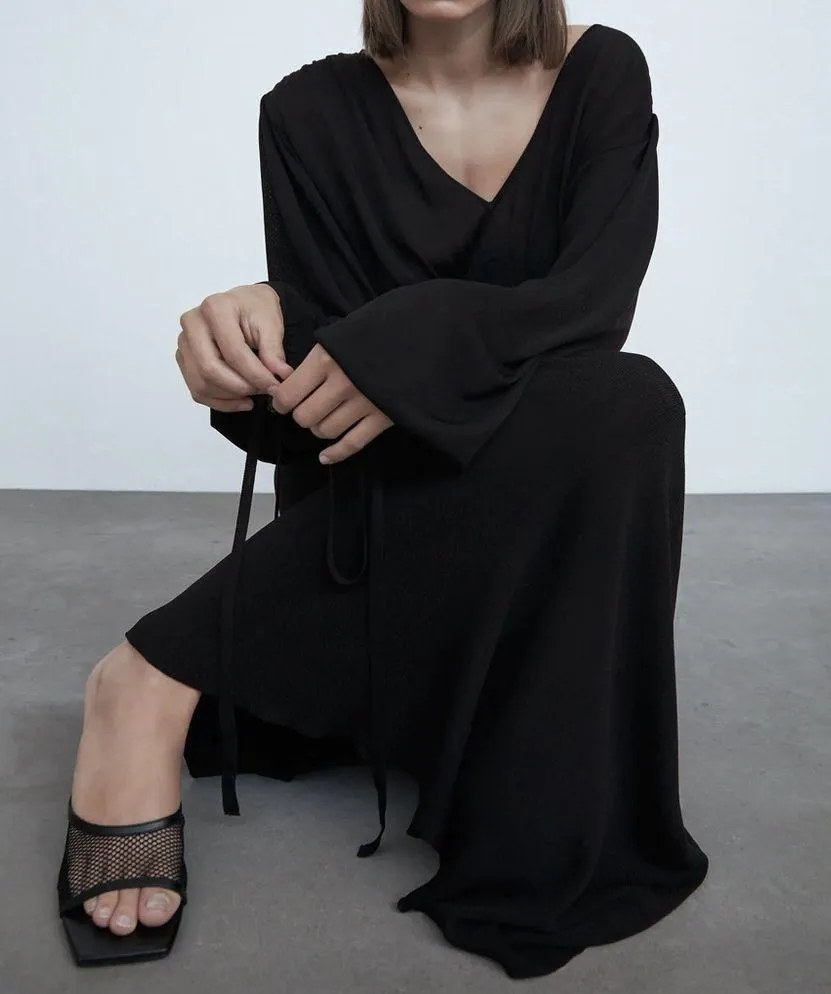 Zara KNIT Long DRESS w/ BOWS V-neck Long Sleeve Black Size S NEW - Image 2