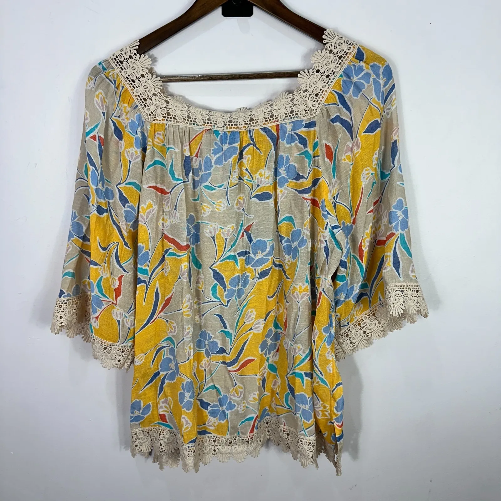 Zac & Rachel Blouse XL Yellow Floral Crochet Boho Peasant Top Cottagecore Flowy - Image 3