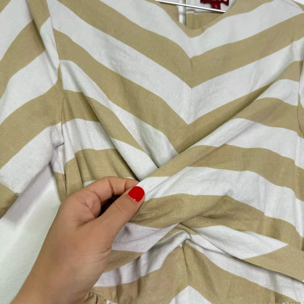 STAUD York Striped Tie Waist Mini Dress Beige White Neutral Linen Blend - Image 9