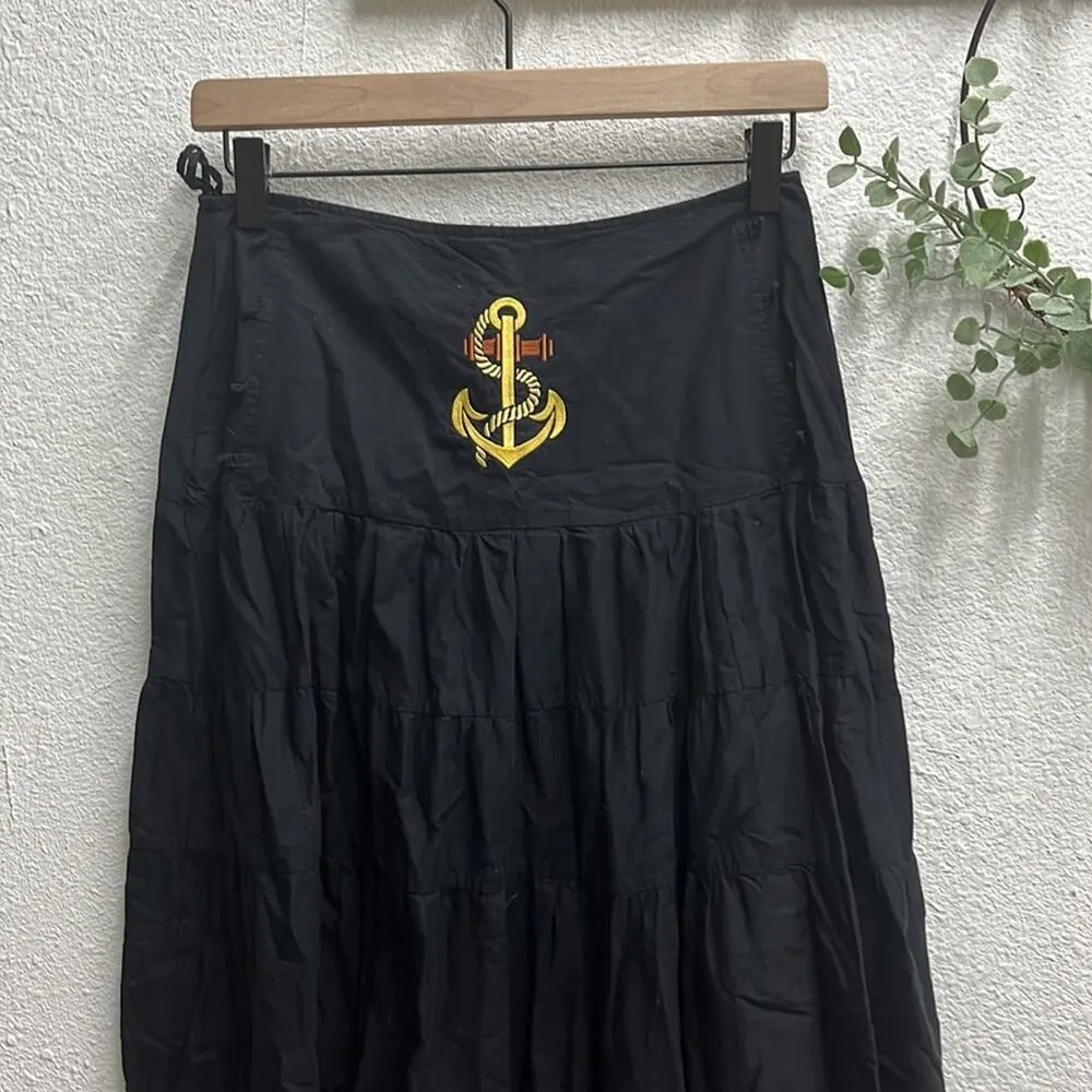 Vtg Black Tiered Maxi Skirt Small Nautical Beachy Vacation India Cotton - Image 2