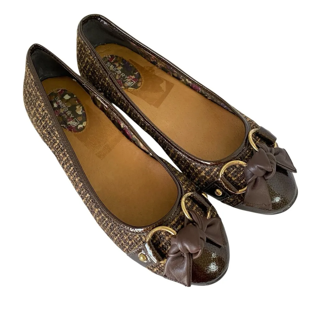Sperry Top Sider Brown Tweed Ballet Flats Size 7.5 M Bow Accents Dark Academia - Image 8
