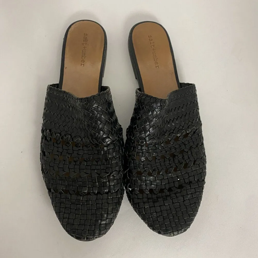Salt + Umber Black Woven Leather Weaves Mules Slip On Flats Women’s 9 Feminine - Image 4