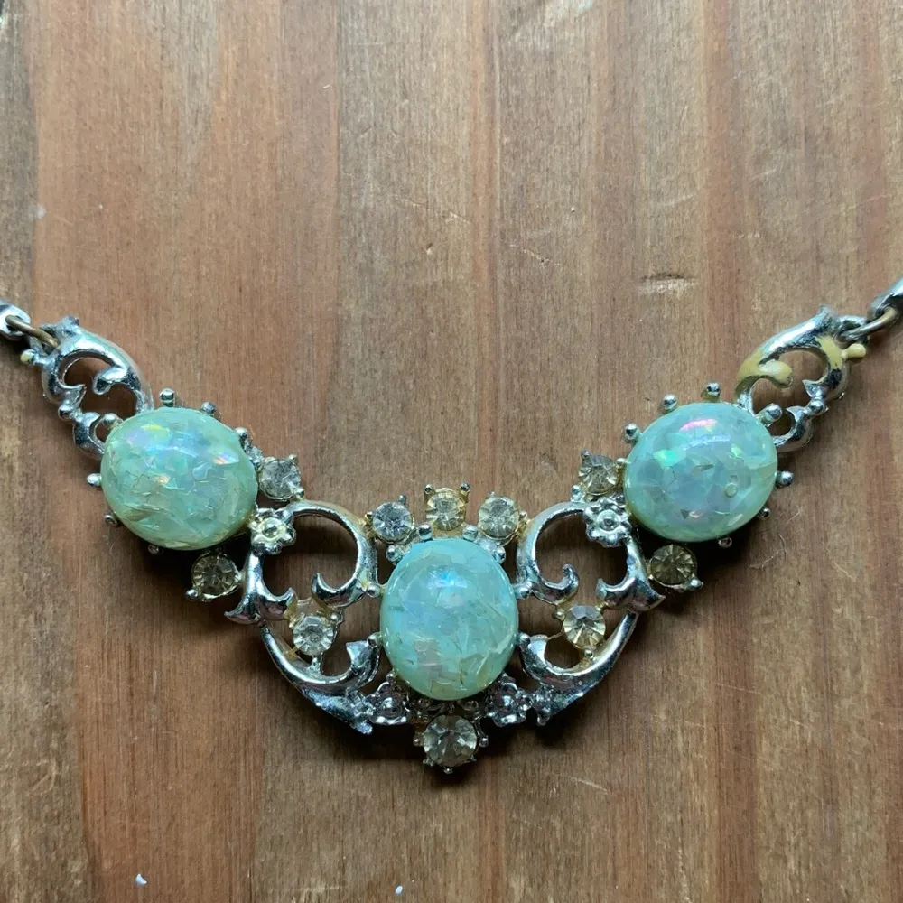 Silver Opal Statement Bib Necklace Vintage Green - Image 3