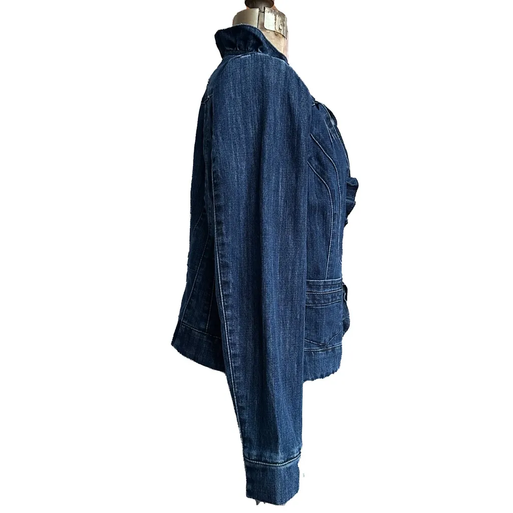 Vintage Jean Jacket Ruffle Collar Pintuck Peplum Boho Chic Zip Front Pockets Blue Size undefined - Image 3